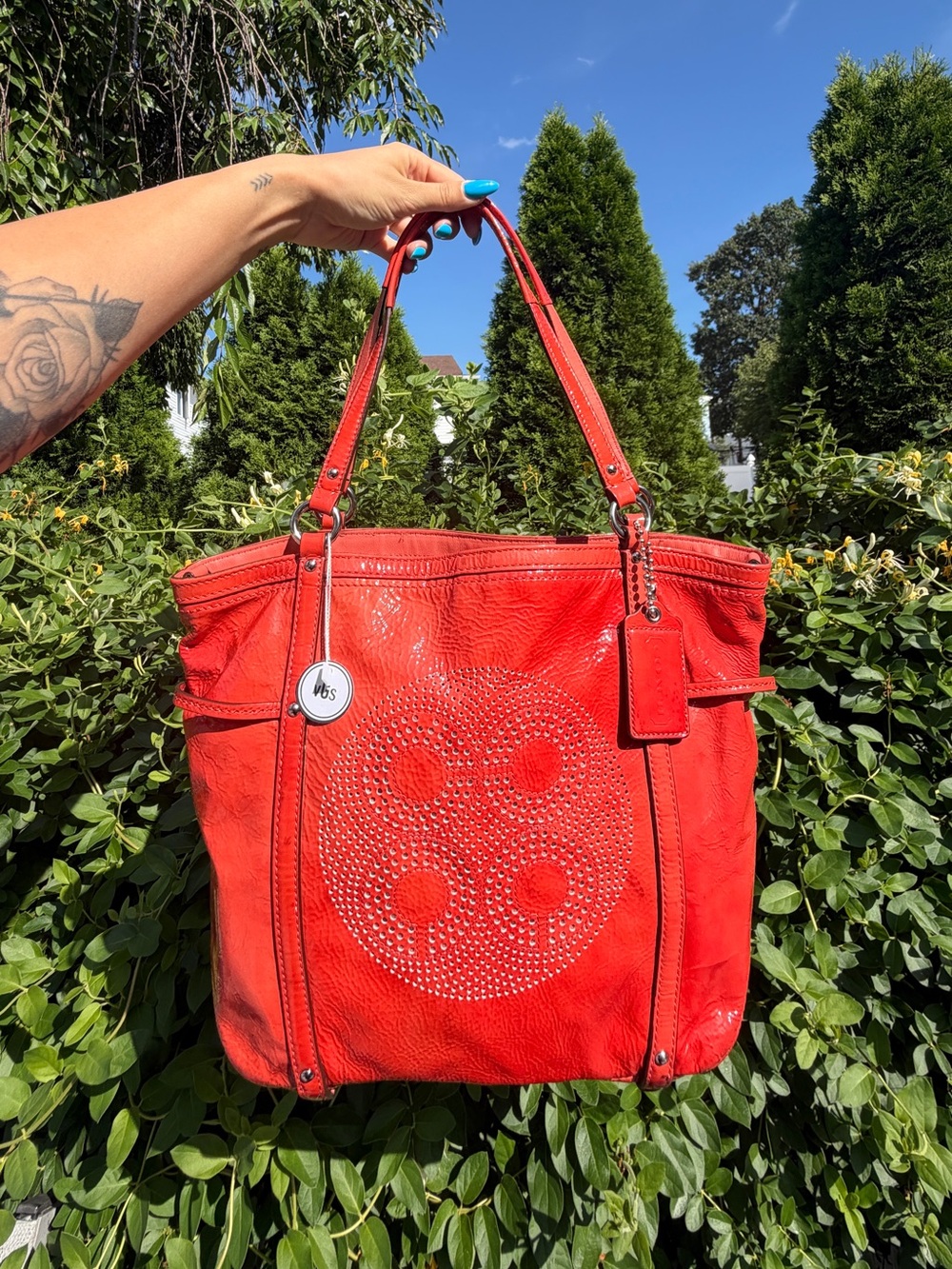 Vintage Coach Audrey Op Art Perforated Red Patent Leather Tote Y2K Shoulder Bag